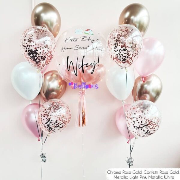 helium balloon delivery with bubble balloon chrome confetti pink rose gold