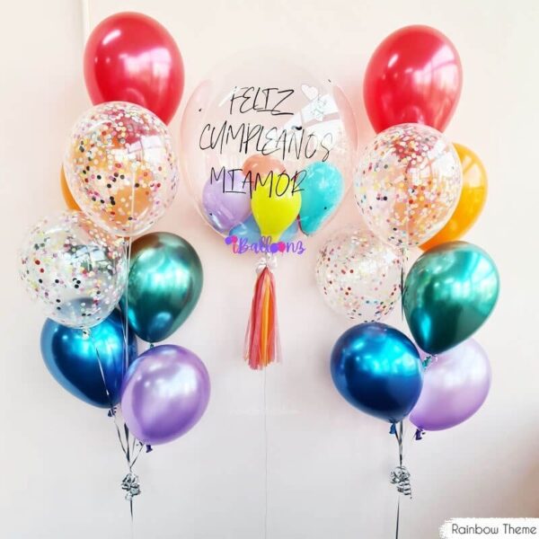 chrome confetti helium balloon bouquet delivery with bubble balloon combo rainbow theme