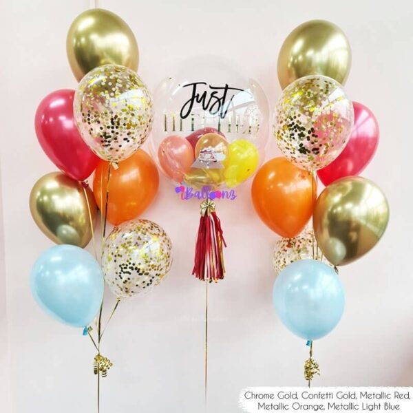 chrome confetti helium balloon bouquet delivery with bubble balloon combo gold rainbow theme red orange light blue