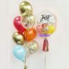 chrome confetti helium balloon bouquet delivery with bubble balloon combo gold rainbow theme orange red light blue
