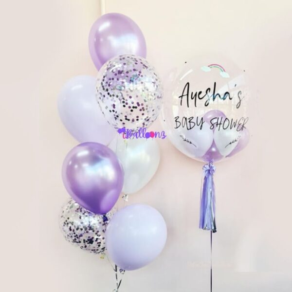 confetti helium birthday anniversary get well soon congrats baby shower kids retirement proposal personalised balloon bouquet same day online delivery with bubble balloon lilac pastel purple white