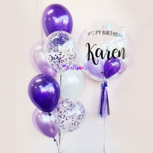 confetti helium birthday anniversary get well soon congrats baby shower kids retirement proposal personalised balloon bouquet same day online delivery with bubble balloon purple violet lilac