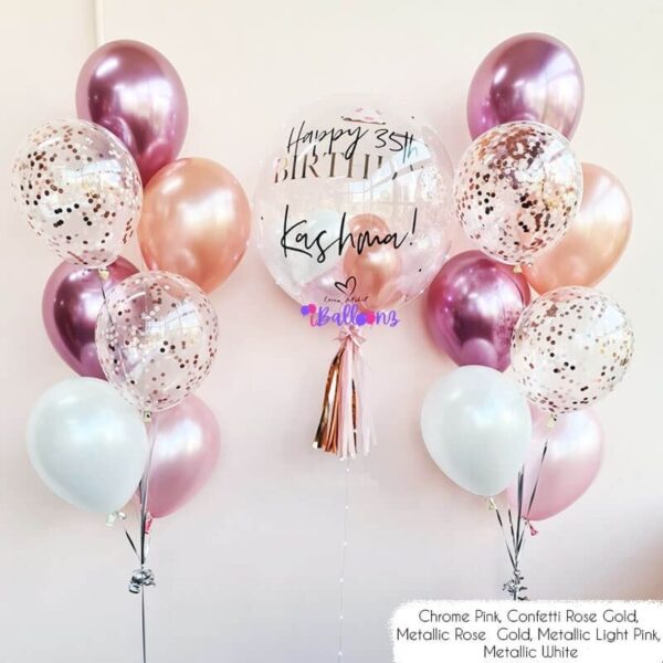 helium balloon bouquet delivery with bubble balloon chrome confetti chrome pink rose gold