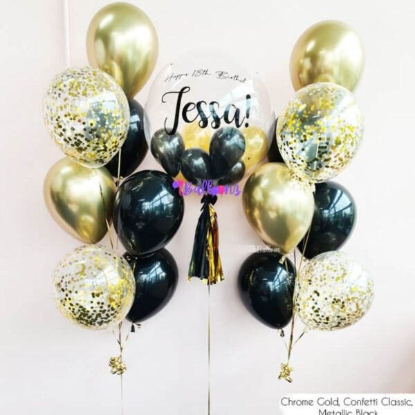 helium balloon bouquet delivery with bubble balloon chrome confetti gold black