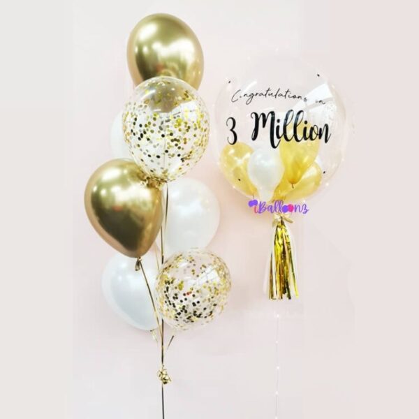 helium balloon bouquet delivery with bubble balloon chrome confetti gold white