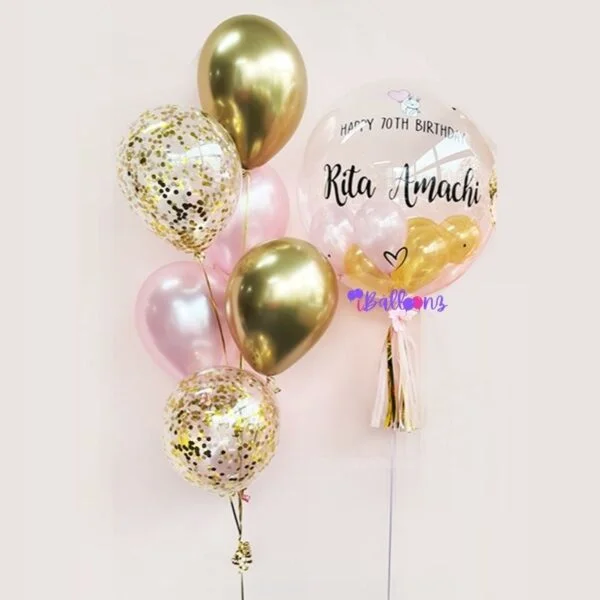 helium balloon bouquet delivery with bubble balloon chrome confetti pink gold