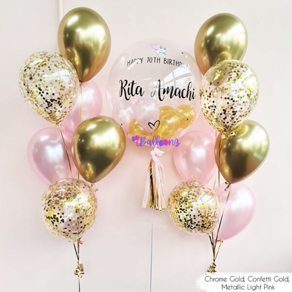helium balloon bouquet delivery with bubble balloon chrome confetti pink gold