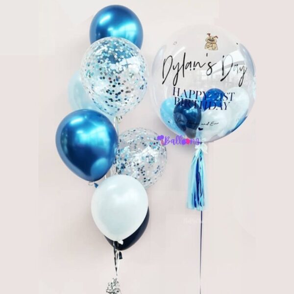 helium balloon bouquet delivery with bubble balloon chrome confetti shades of blue