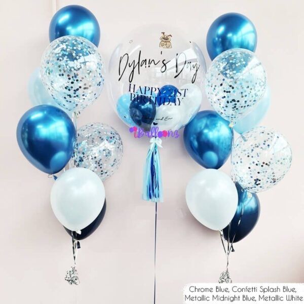 helium balloon bouquet delivery with bubble balloon chrome confetti shades of blue