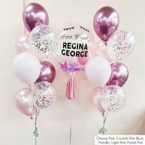 helium balloon bouquet delivery with bubble balloon chrome confetti shades of pink