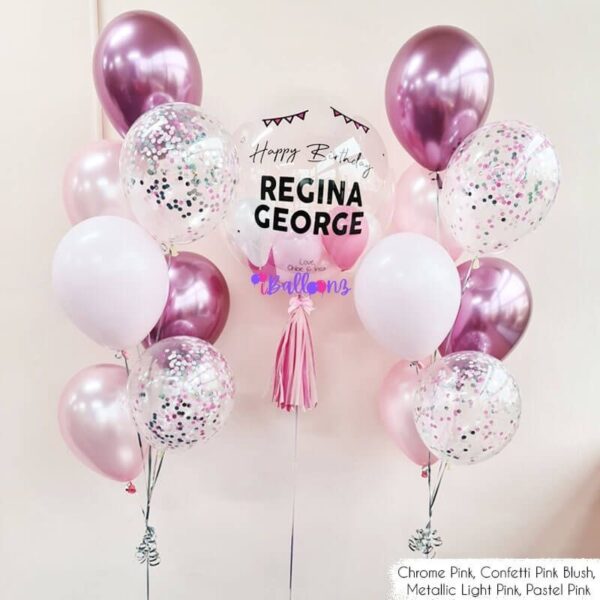 helium balloon bouquet delivery with bubble balloon chrome confetti shades of pink