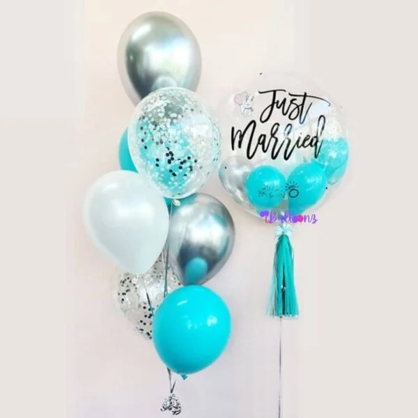 helium balloon bouquet delivery with bubble balloon chrome confetti tiffany green aquamarine turqoise carribean blue silver