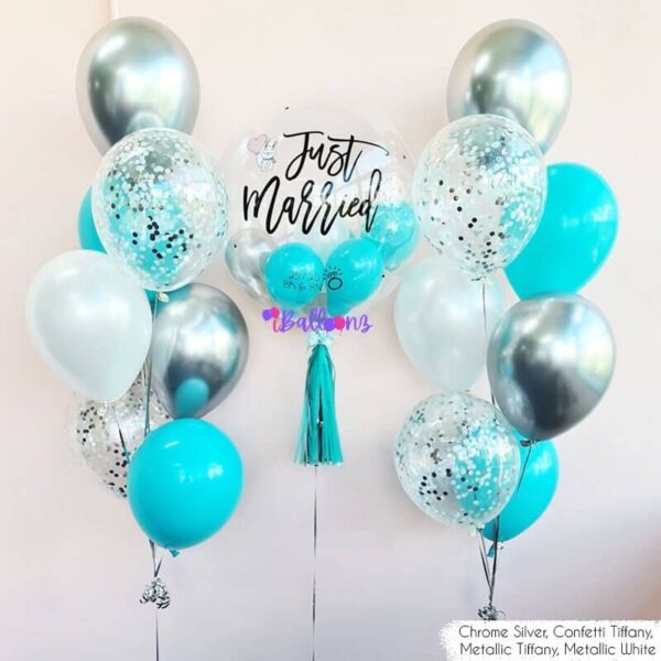helium balloon bouquet delivery with bubble balloon chrome confetti tiffany green aquamarine turqoise carribean blue silver