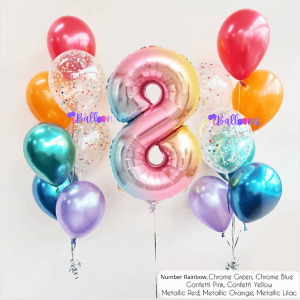 Chrome Confetti Helium Balloon Bouquet KL Selangor delivery set Number Balloon 1 Digit Rainbow 2 bunches happy birthday anniversary