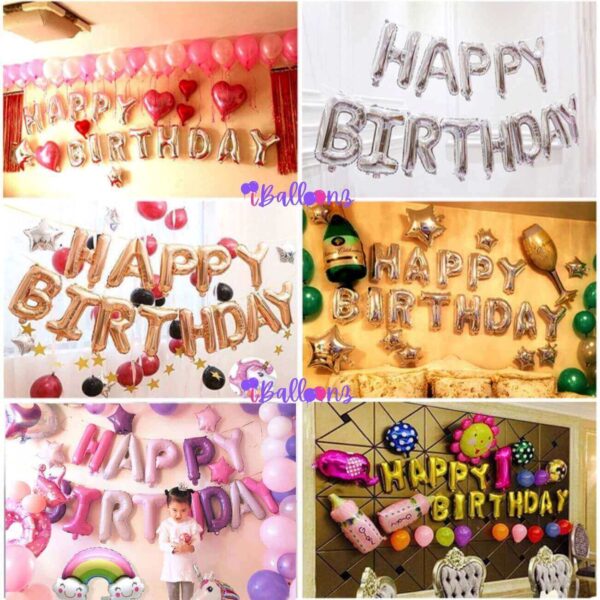 alphabet balloons 16 inch happy birthday gold rose gold silver purple pastel rainbow 5 colors actual set up